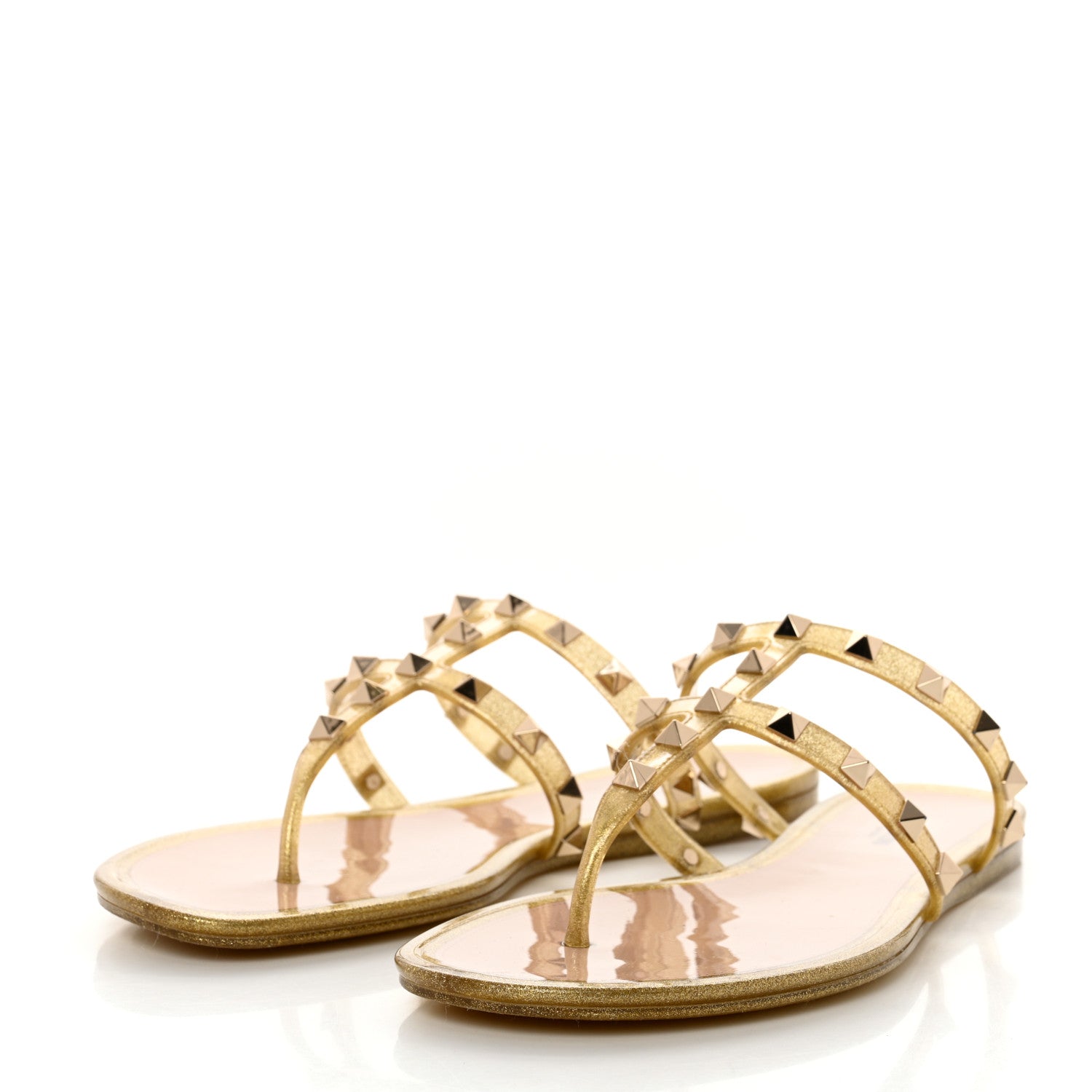 Valentino Garavani PVC Jelly Glitter Rockstud Caged Flat Thong Sandals 39 Oro 3 of 7