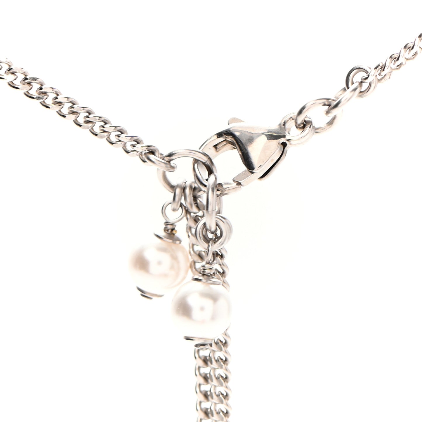 Crystal Pearl CC Pendant Necklace Silver