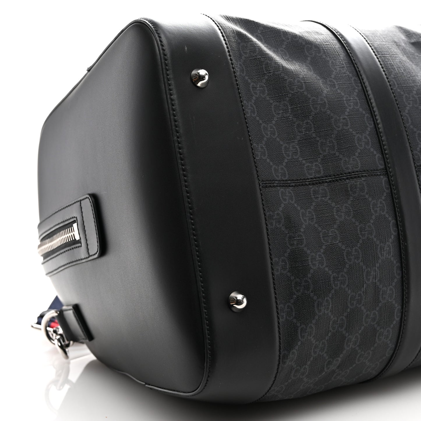 Soft GG Supreme Monogram Appia Calfskin Web Large Carry On Duffle Bag Black Grey