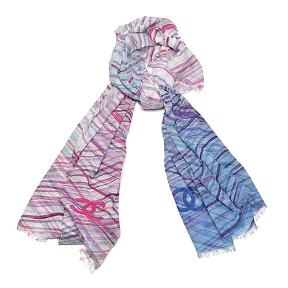 Chanel Cotton Cashmere CC Striped Pareo Scarf Blue 1 of 5