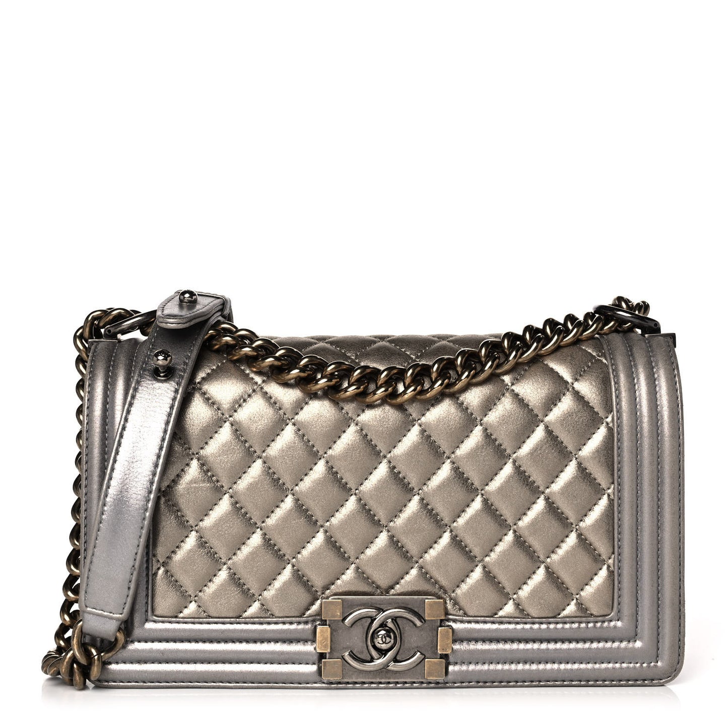 Metallic Calfskin Quilted Medium Boy Flap Khaki