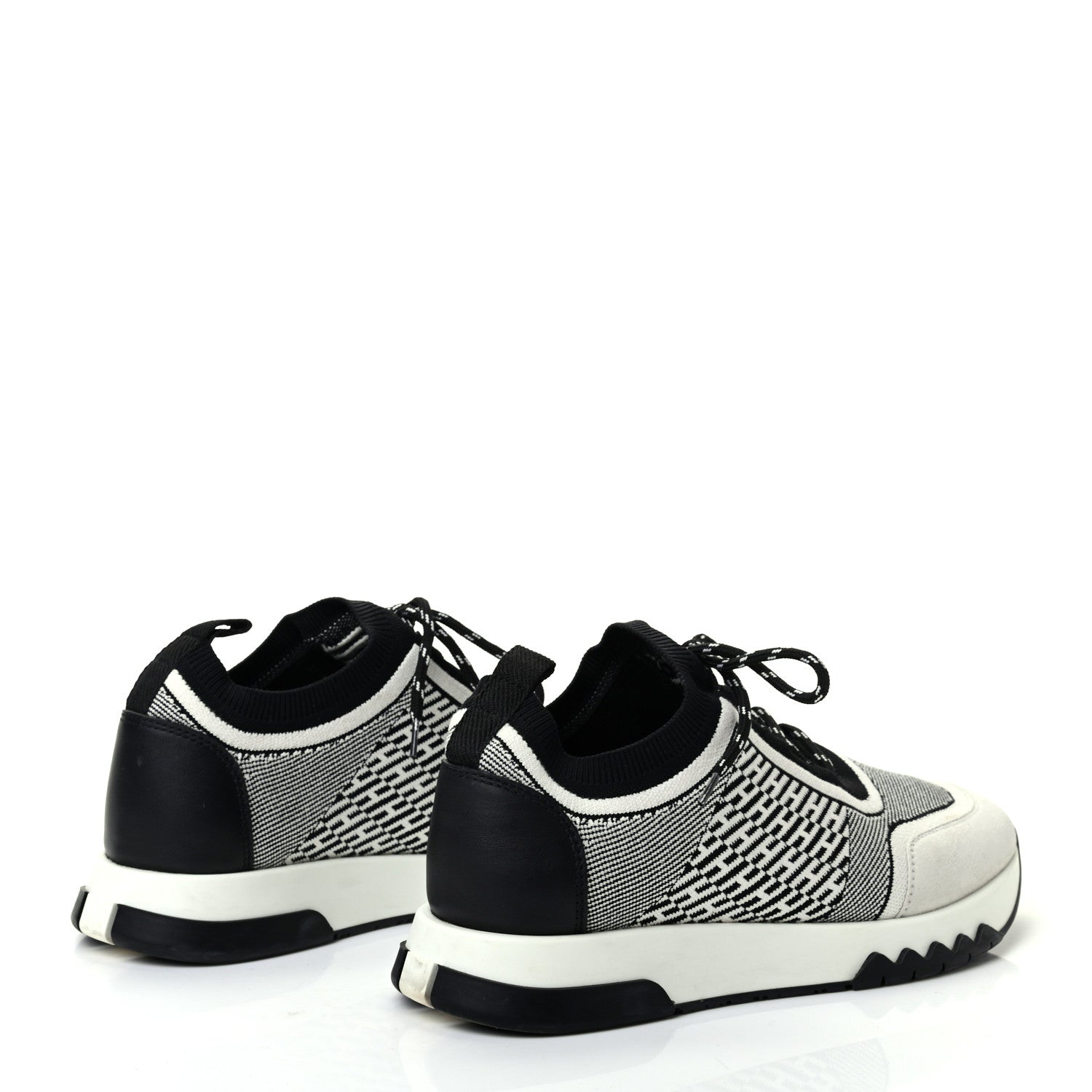 Hermes Knit Calfskin Suede Goatskin Bi-Color Womens Addict Sneakers 37.5 Black White 4 of 8
