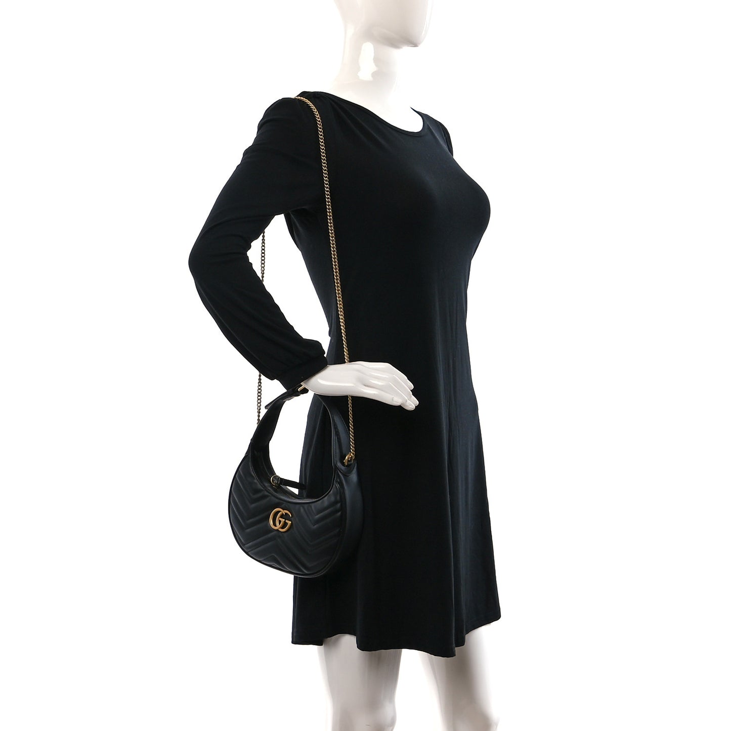 Calfskin Matelasse Chevron Mini GG Marmont Half Moon Hobo Black