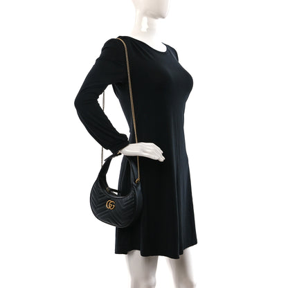 Gucci Calfskin Matelasse Chevron Mini GG Marmont Half Moon Hobo Black 2 of 10