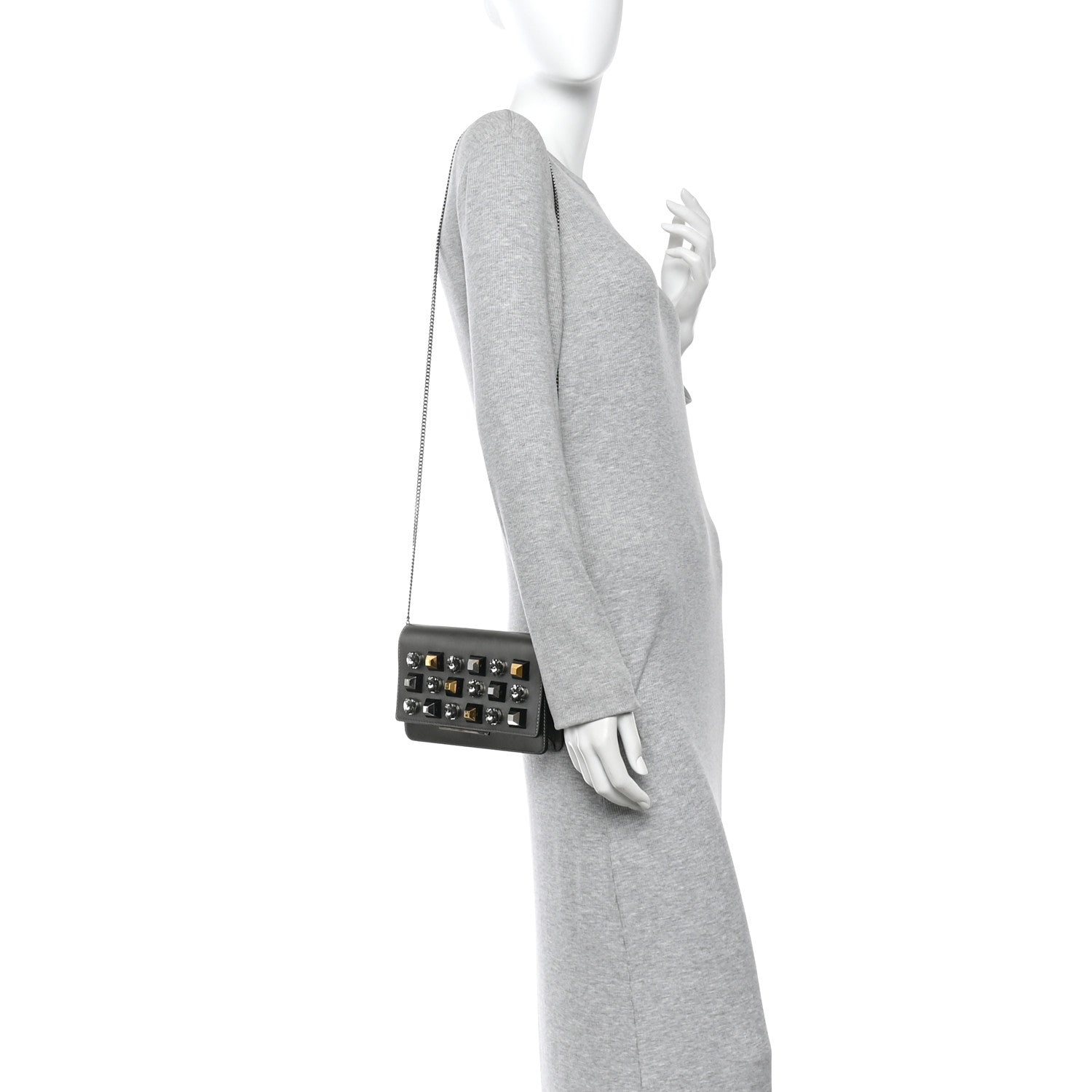 Fendi Glossy Calfskin Crystal Studded Tube Wallet On Chain Graphite 2 of 9