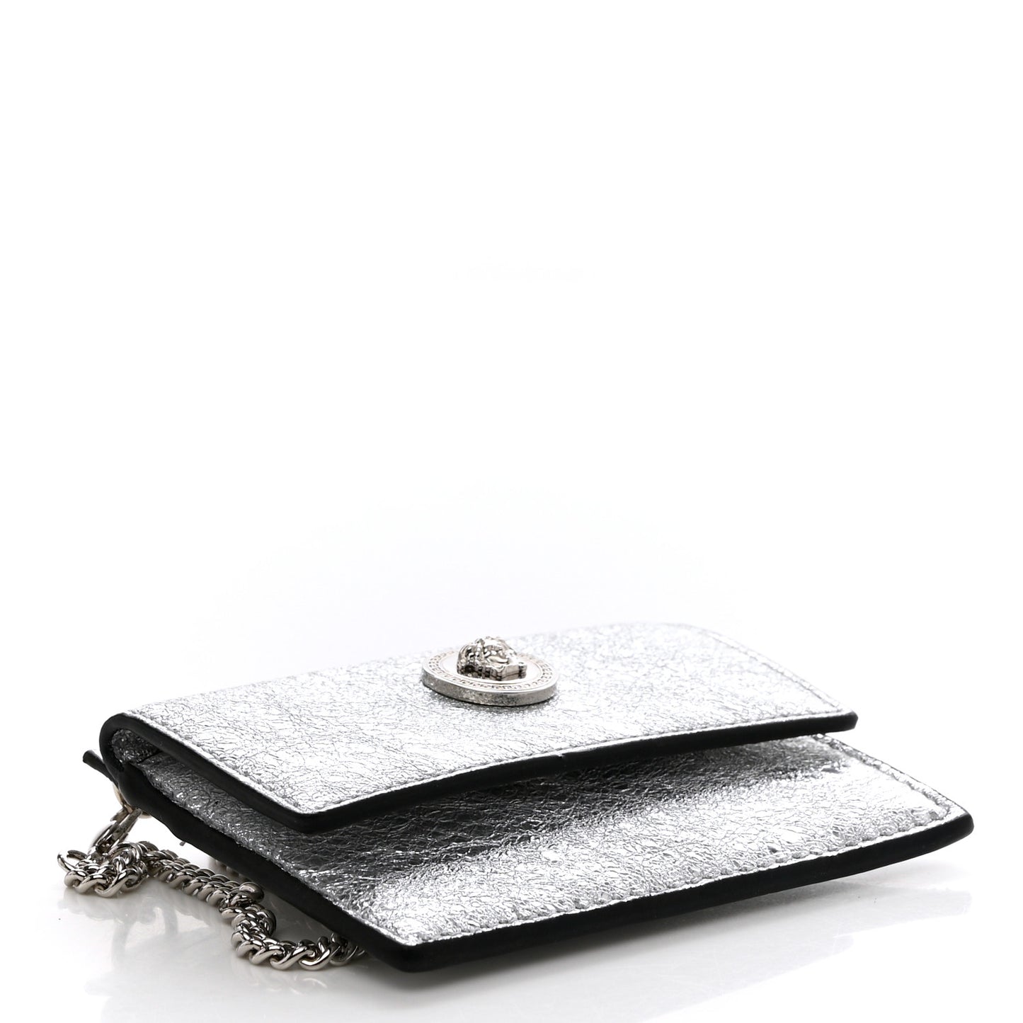 Metallic Lambskin Medusa Chain Card Holder Silver