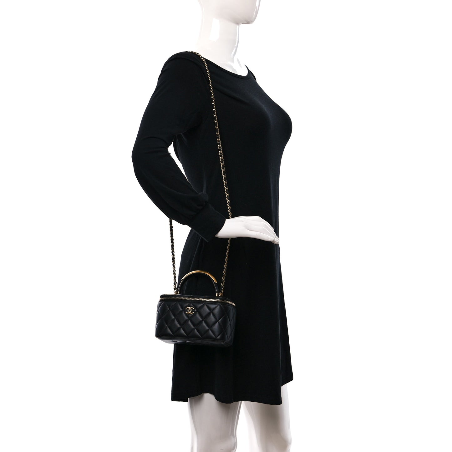 Lambskin Quilted Metal Small Top Handle Vanity Case With Chain Black