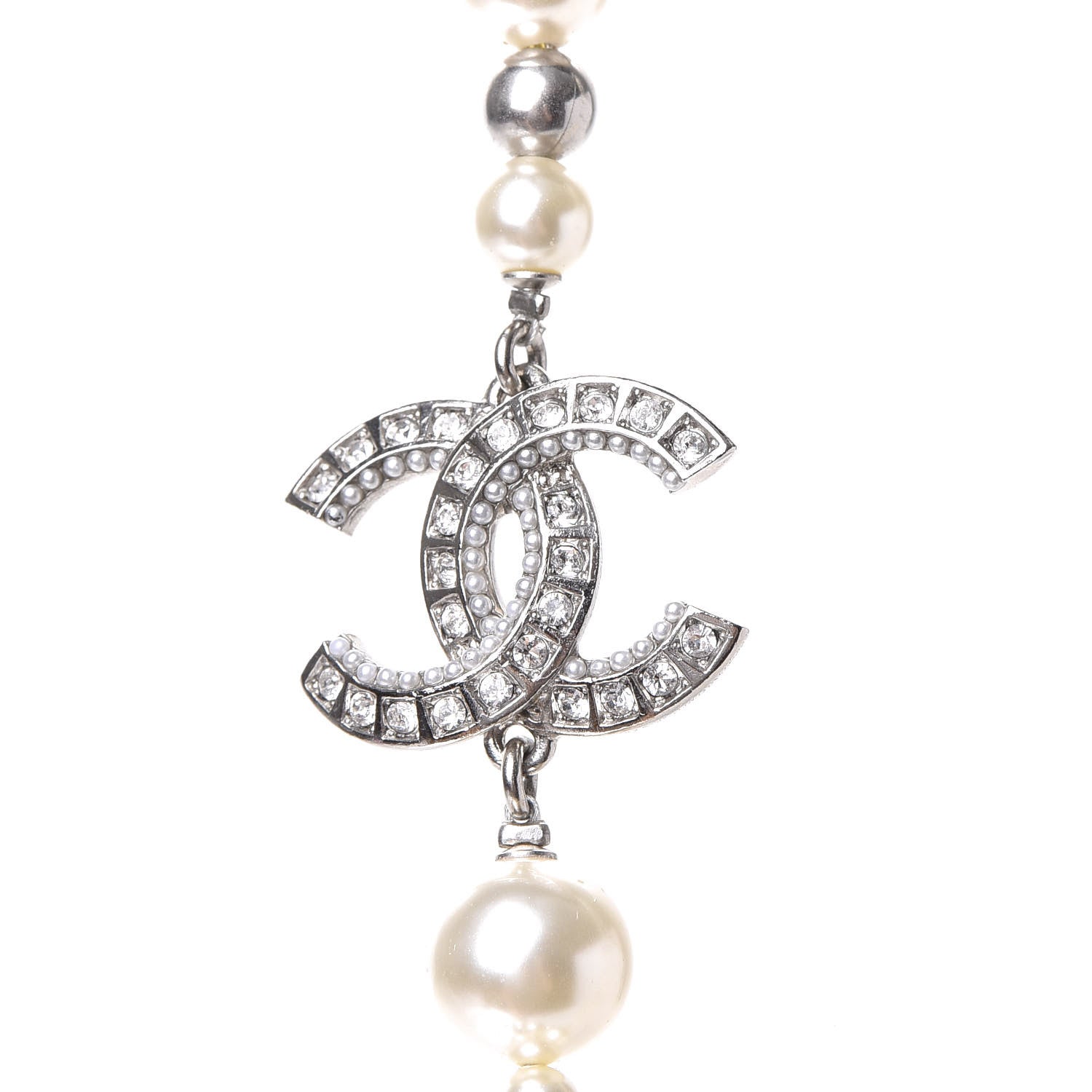 Chanel Pearl Crystal CC Multi Strand Long Necklace Silver 4 of 5