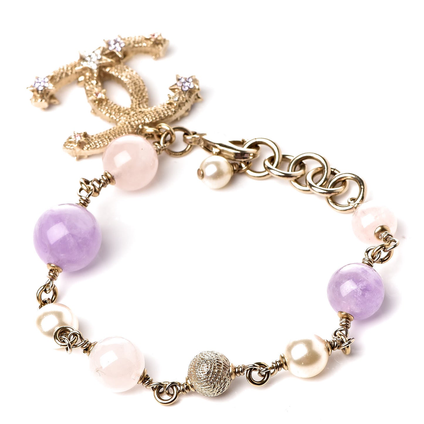 Pearl Beaded Crystal Star CC Bracelet Purple Gold