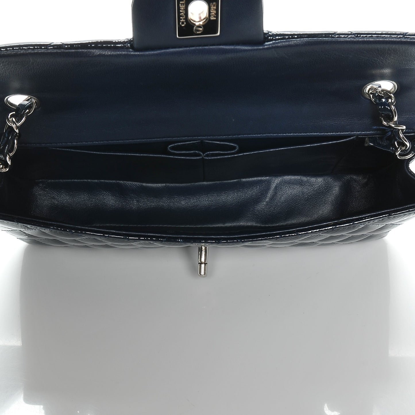 Distressed Patent Quilted East West Flap Navy Blue