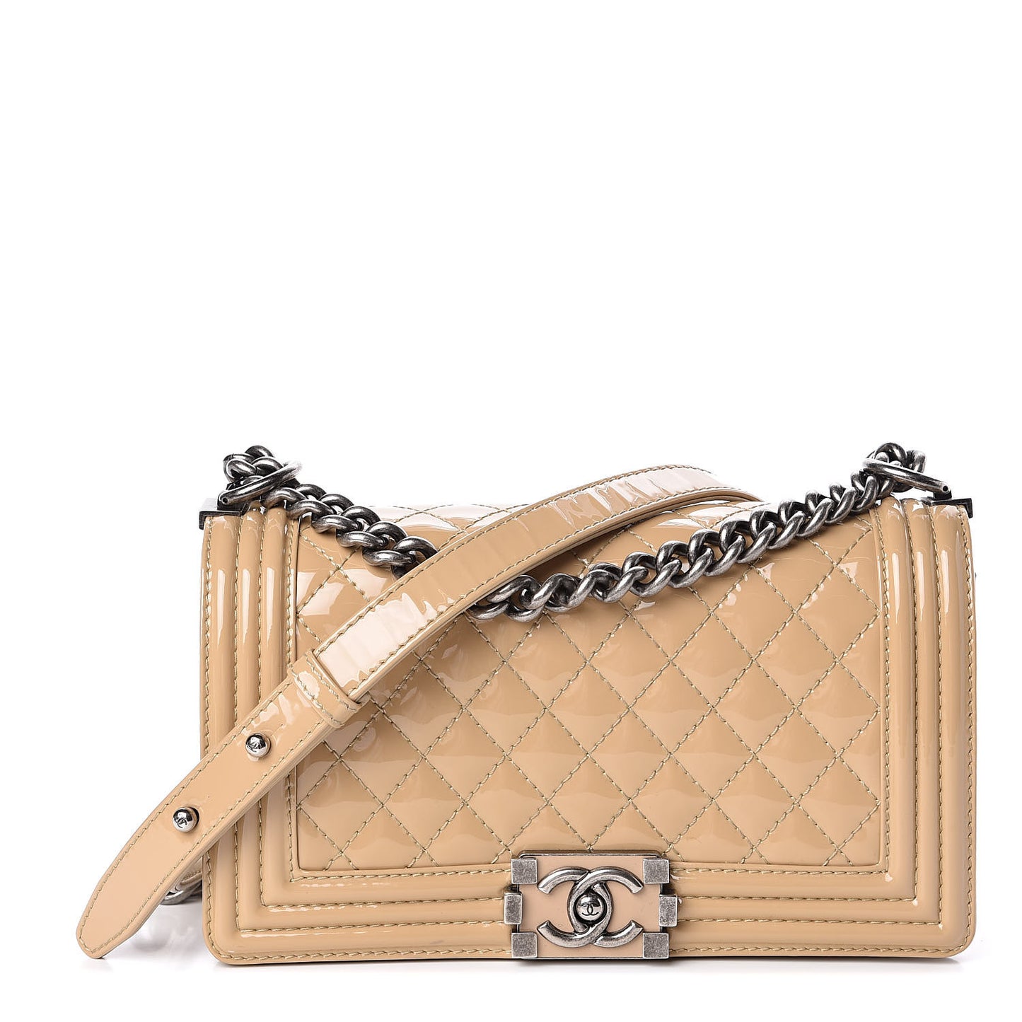 Patent Calfskin Enamel Quilted Medium Boy Flap Beige
