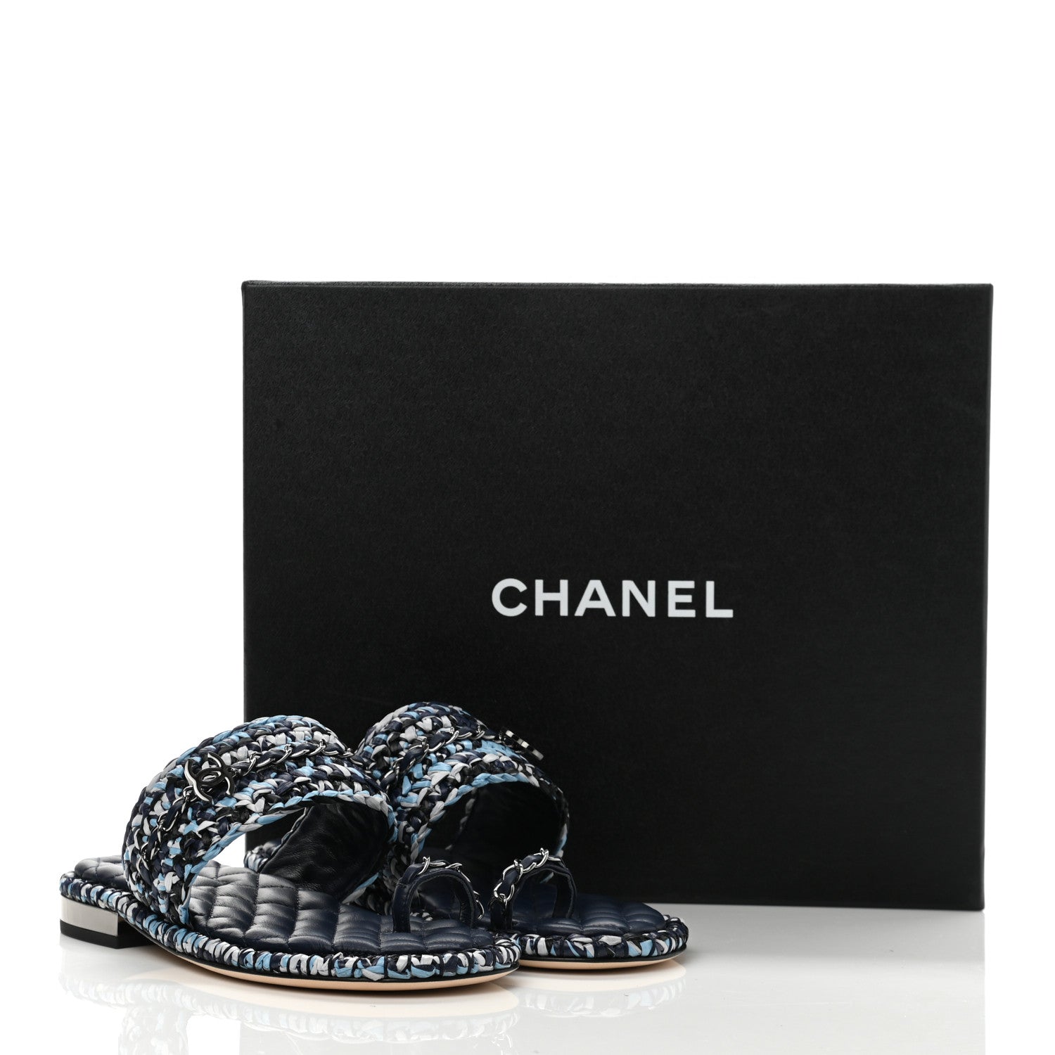 Chanel Lambskin Raffia Chain Flat Sandals 36 Blue Black 9 of 9