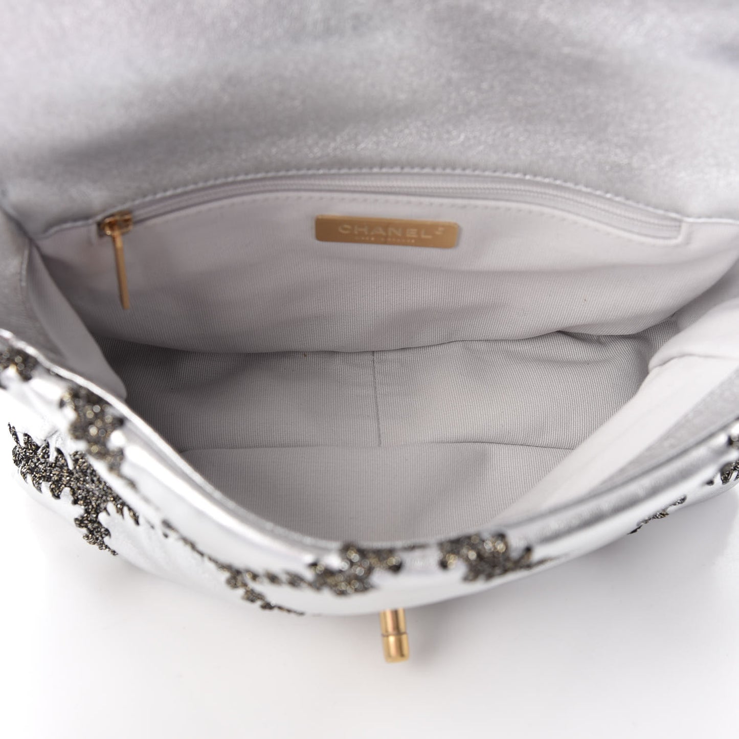 Metallic Calfskin Crochet Medium Chanel 19 Flap Silver