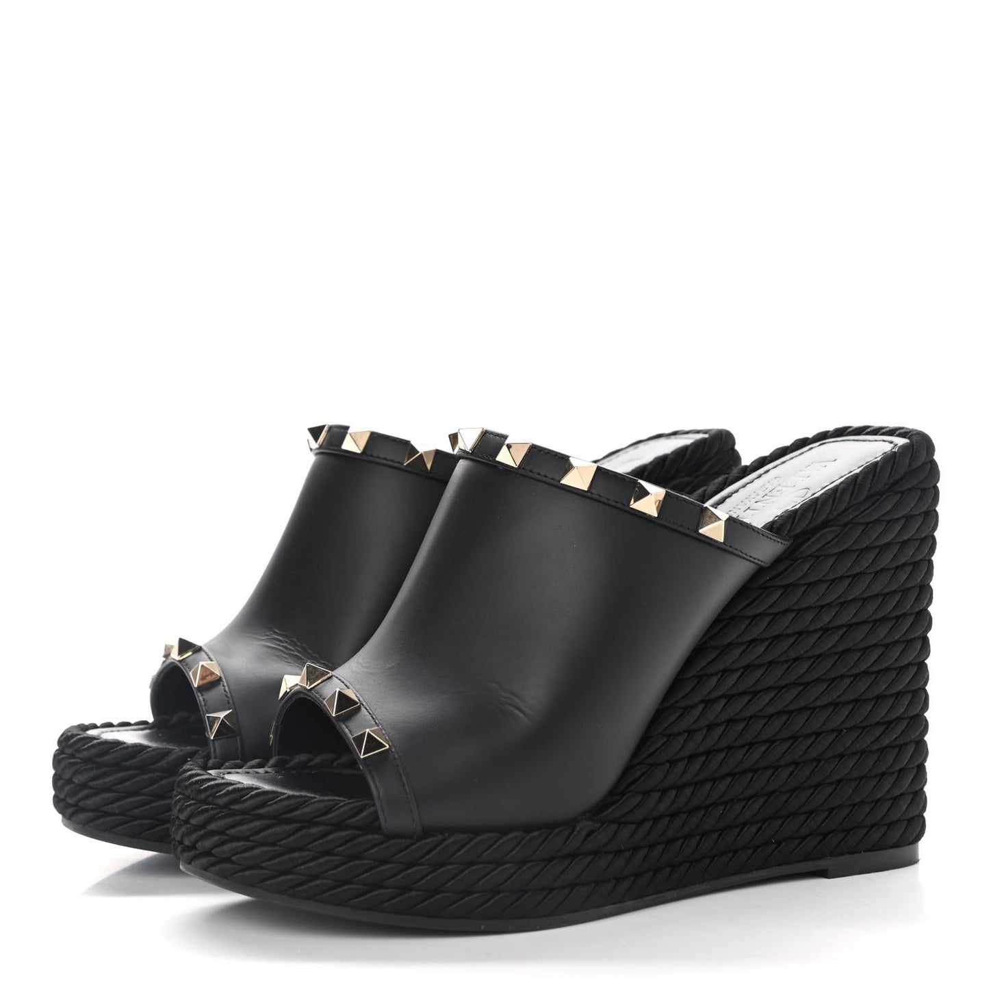 Calfskin Silk Rockstud Torchon Espadrille Wedge 25/115mm Slide Sandals 37 Black