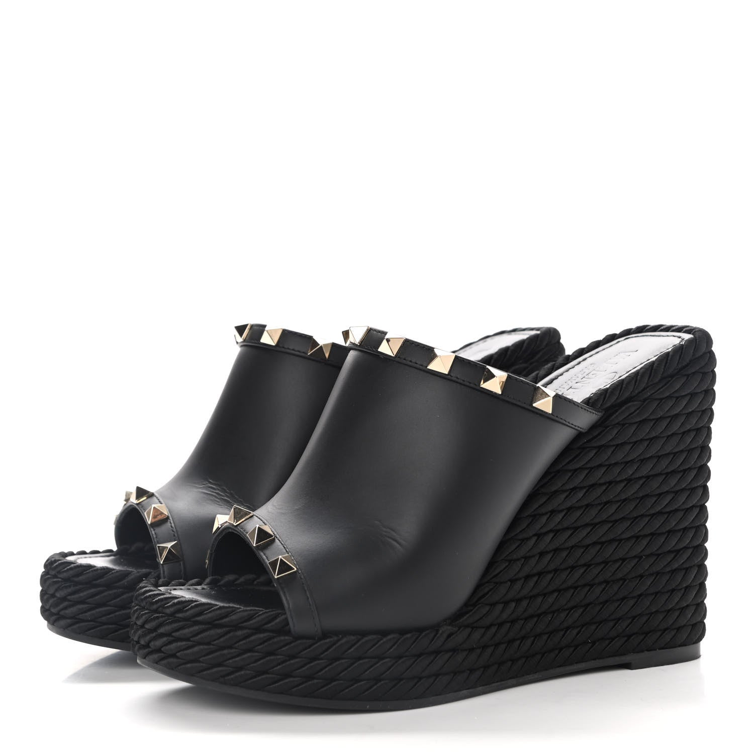 Valentino Garavani Calfskin Silk Rockstud Torchon Espadrille Wedge 25/115mm Slide Sandals 37 Black 3 of 9