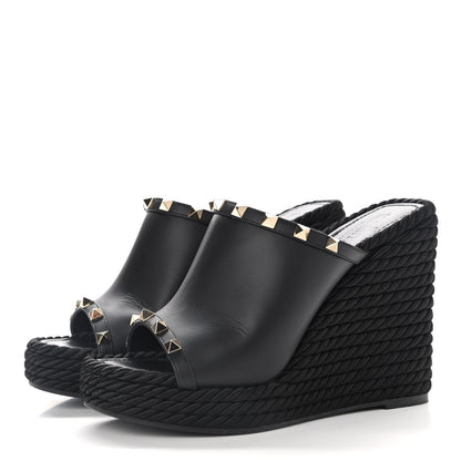 Valentino Garavani Calfskin Silk Rockstud Torchon Espadrille Wedge 25/115mm Slide Sandals 37 Black 3 of 9