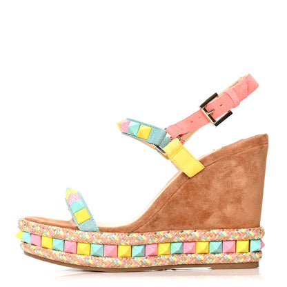 Christian Louboutin Veau Velours Pyraclou 110 Wedge Sandals 38 Biscotto 1 of 7