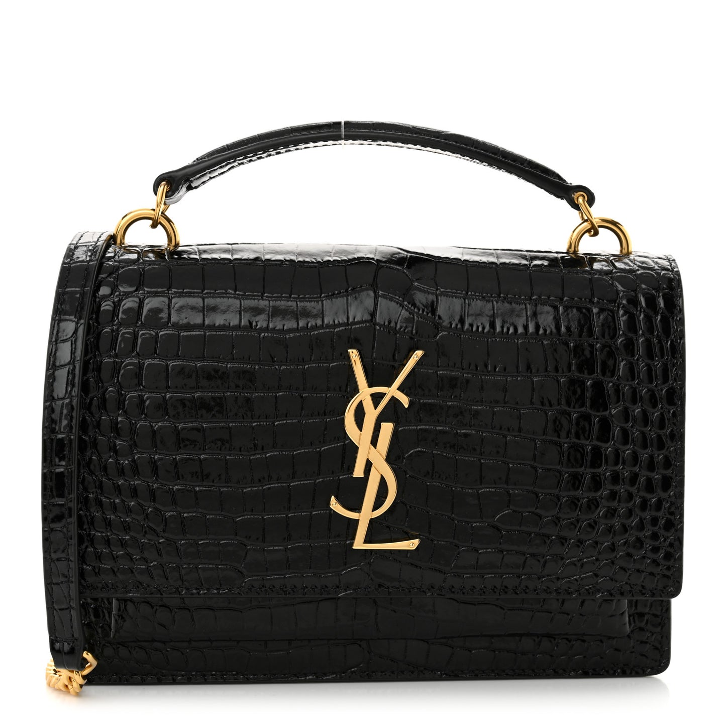 Calfskin Crocodile Embossed Monogram Sunset Top Handle Chain Wallet Black