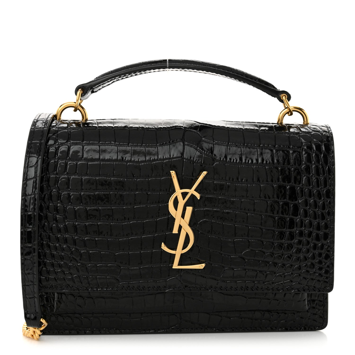 Saint Laurent Calfskin Crocodile Embossed Monogram Sunset Top Handle Chain Wallet Black 1 of 12