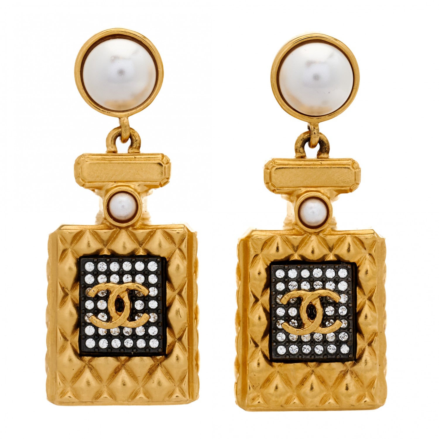 Chanel Crystal Pearl CC Perfume Bottle Drop Earrings Gold 1 of 5
