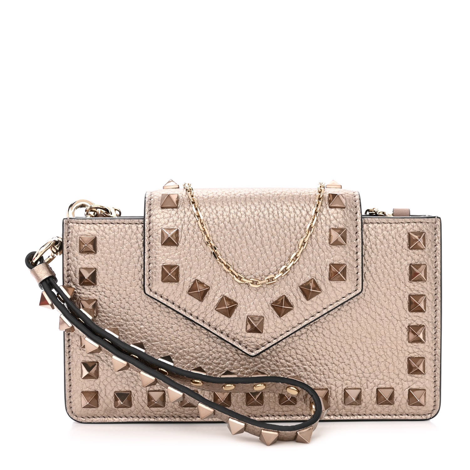 Valentino Garavani Metallic Pebbled Calfskin Rockstud Phone Case With Chain Sasso 1 of 11