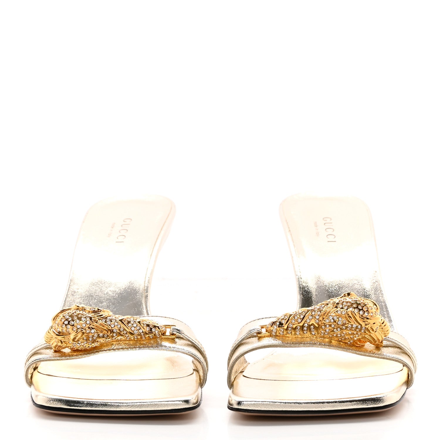 Gucci Metallic Nappa Dora Tiger Head Mid Heel Slide Sandals 37 Gold 2 of 15