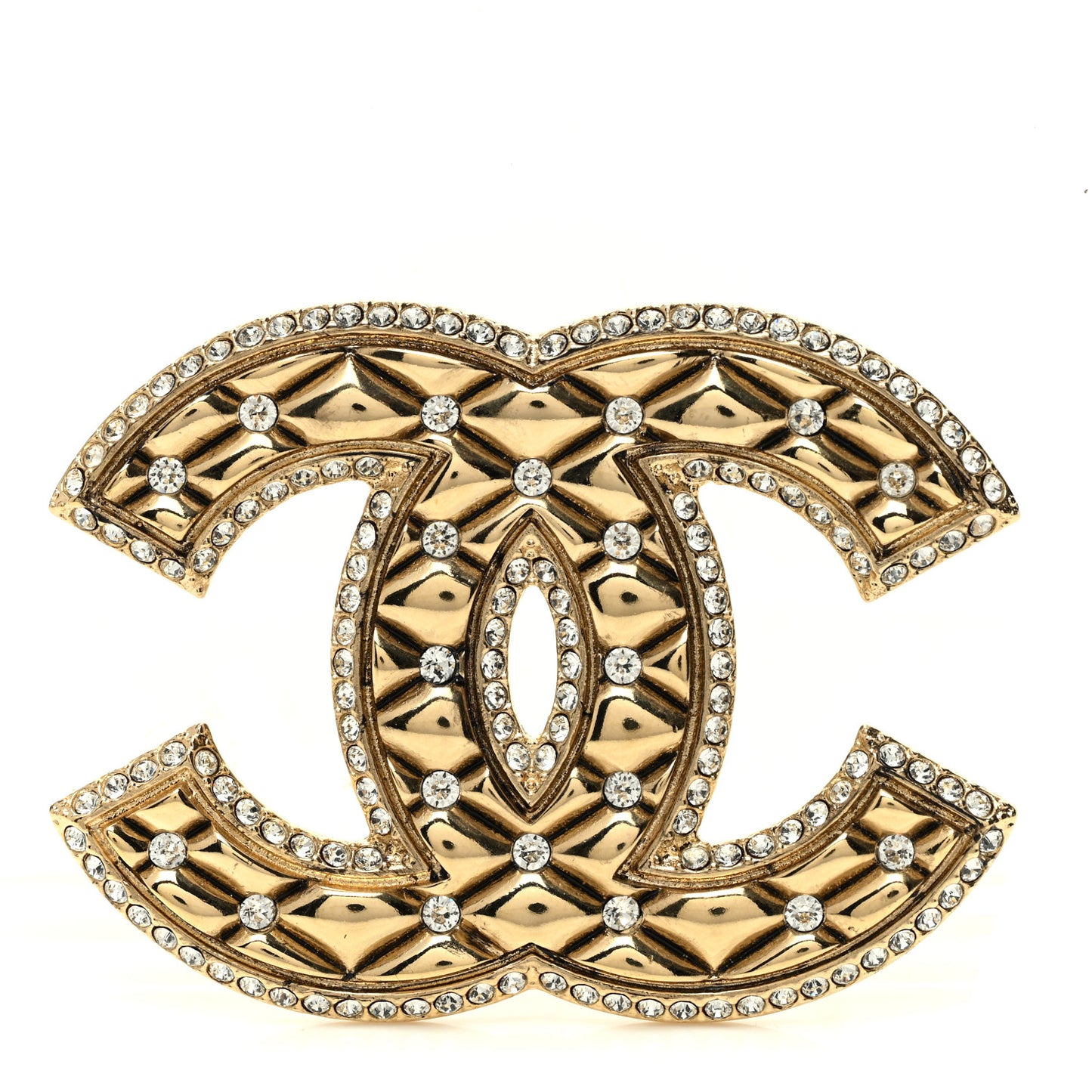 Crystal Quilted CC Brooch Gold