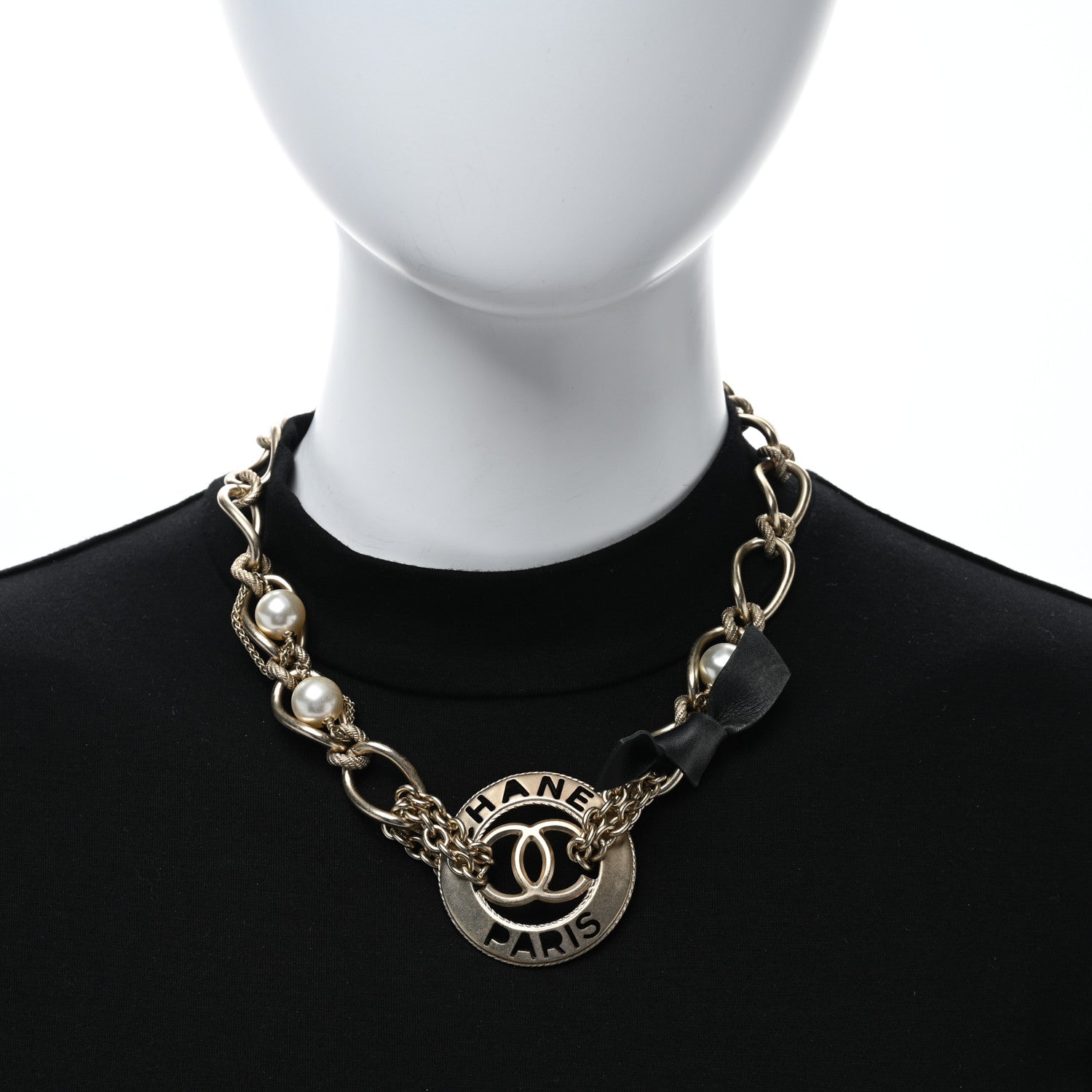 Chanel Metal Pearl Chain CC Paris Pendant Necklace Light Gold 3 of 4