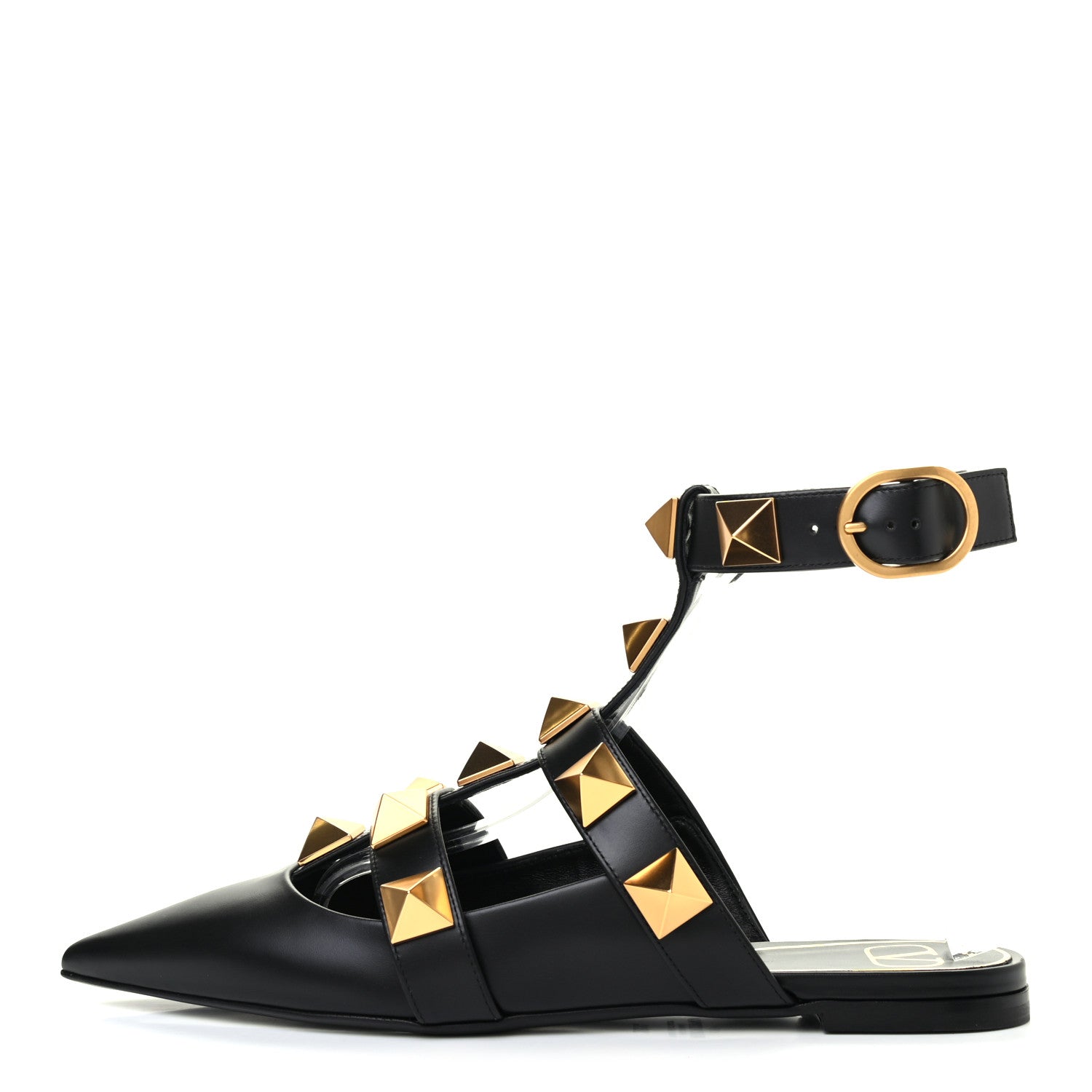 Valentino Garavani Calfskin Roman Stud Ankle Strap Flat Mules 38.5 Black 1 of 7