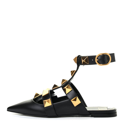 Valentino Garavani Calfskin Roman Stud Ankle Strap Flat Mules 38.5 Black 1 of 7