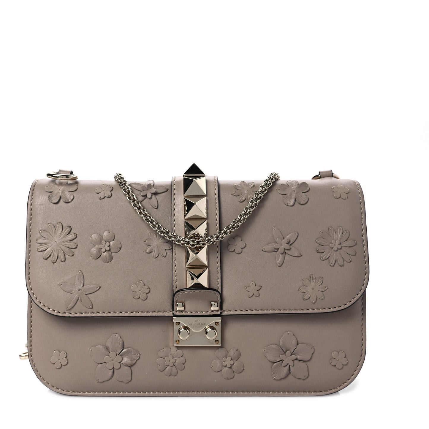 Vitello Flower Embellished Medium Glam Lock Rockstud Flap Poudre