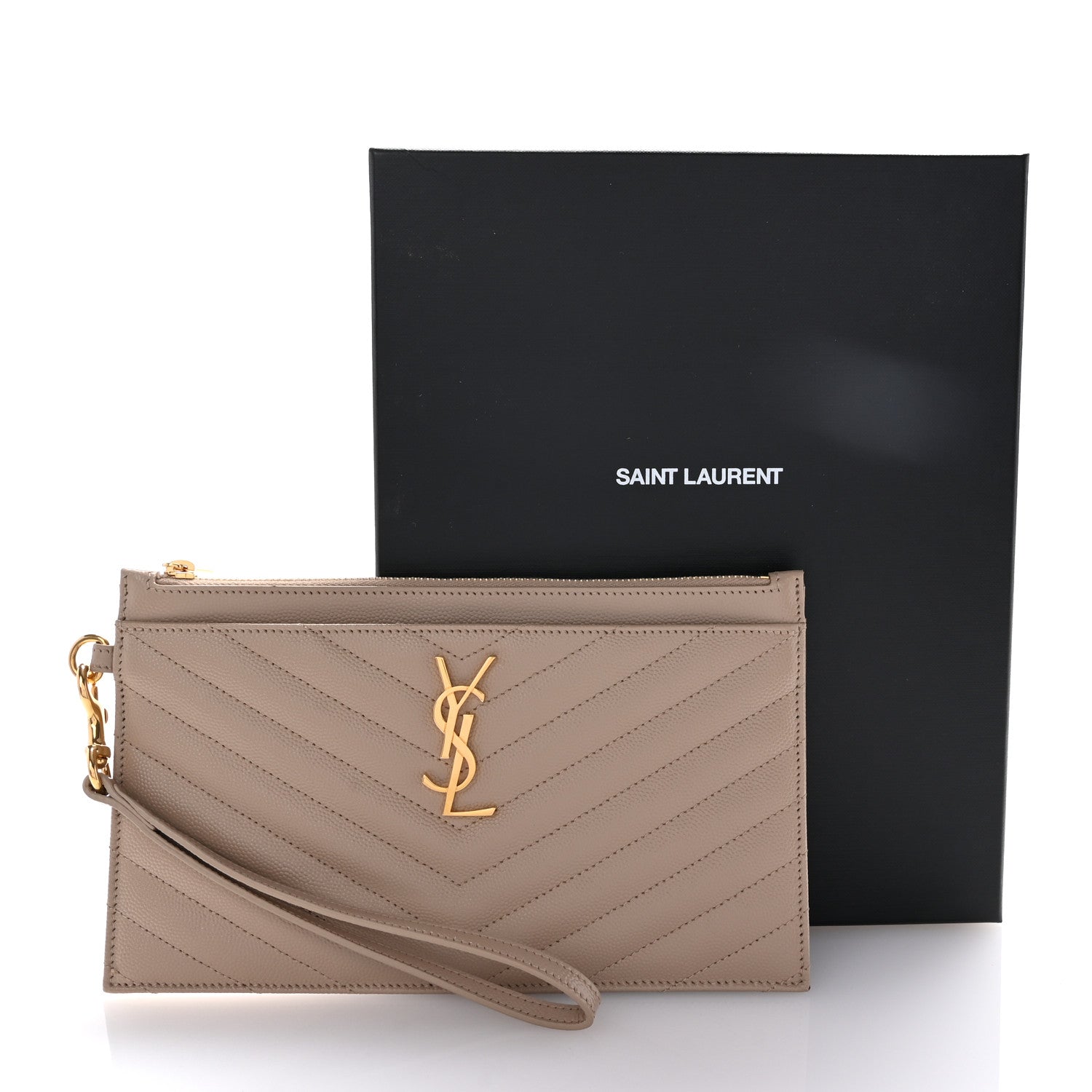 Saint Laurent Grain De Poudre Chevron Monogram Large Bill Pouch Dark Beige 8 of 8