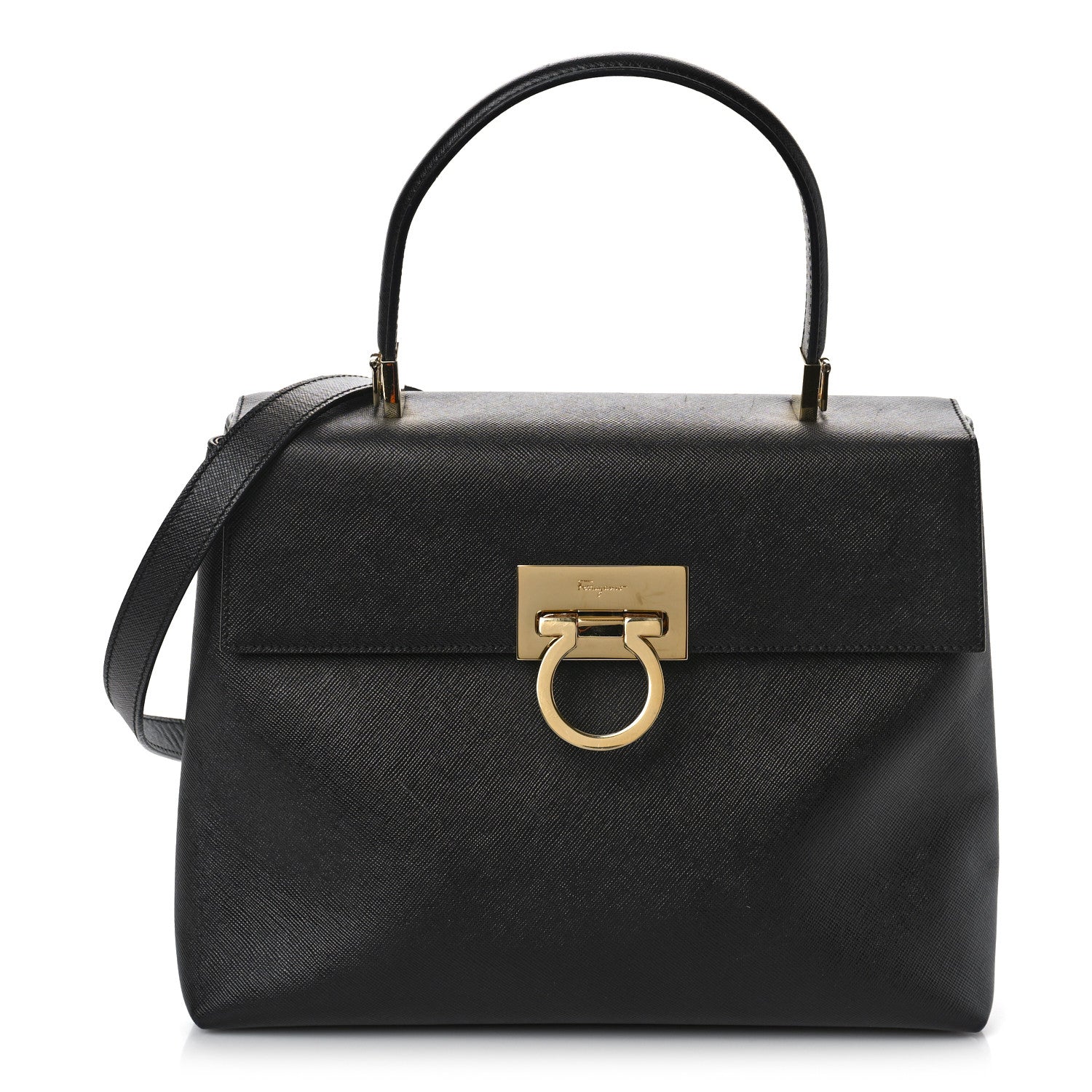 Salvatore Ferragamo Hammered Calfskin Iconic Large Top Handle Bag Black 1 of 8