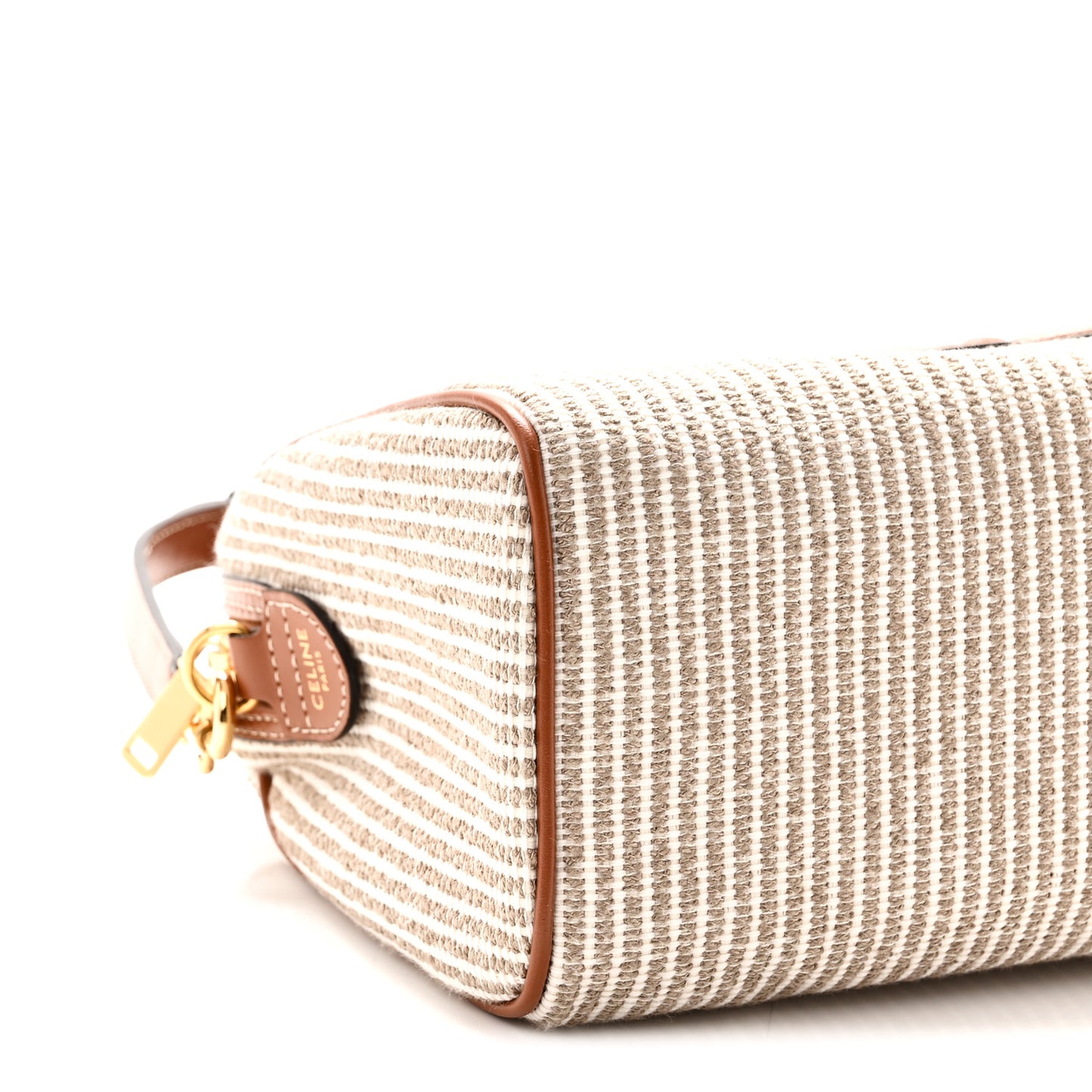 Triomphe Textile Calfskin Striped Small Boston Bag Natural Tan
