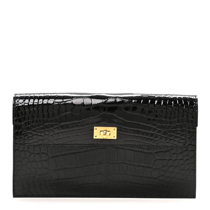 Hermes Shiny Alligator Kelly Pocket Long Wallet Black 1 of 8