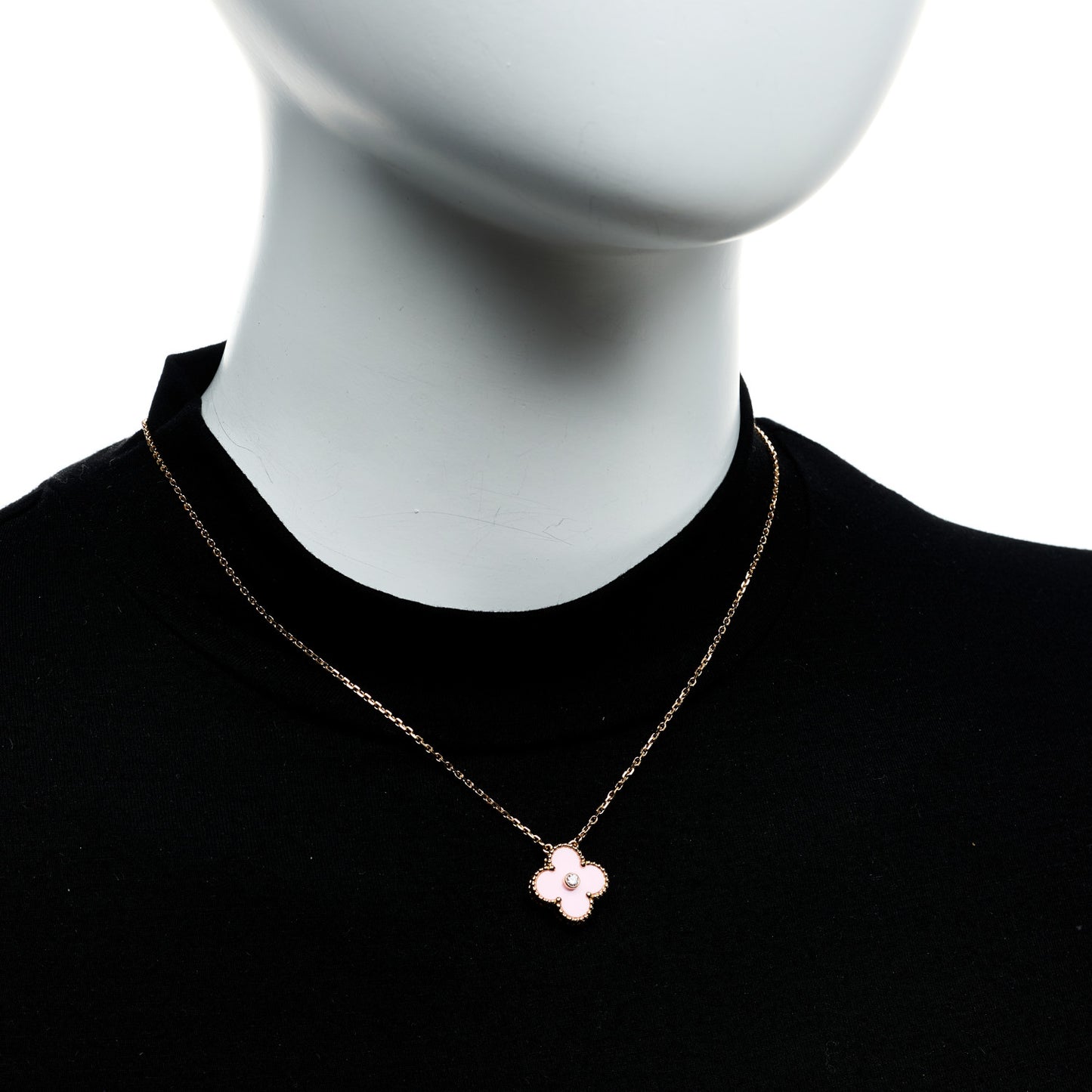 18K Rose Gold Diamond Pink Porcelain Vintage Alhambra Pendant Necklace