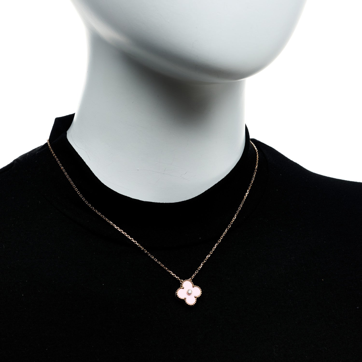 Van Cleef & Arpels 18K Rose Gold Diamond Pink Porcelain Vintage Alhambra Pendant Necklace 2 of 5