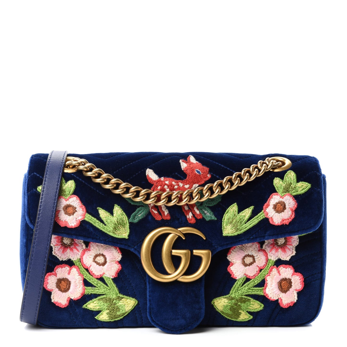 Velvet Matelasse Deer Embroidered Small GG Marmont Shoulder Bag Cobalt