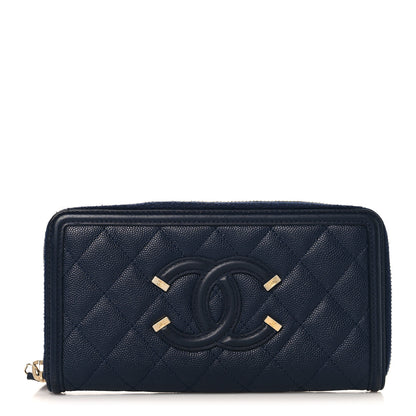 Chanel Caviar Quilted Filigree Zip Around Wallet Navy 1 of 10