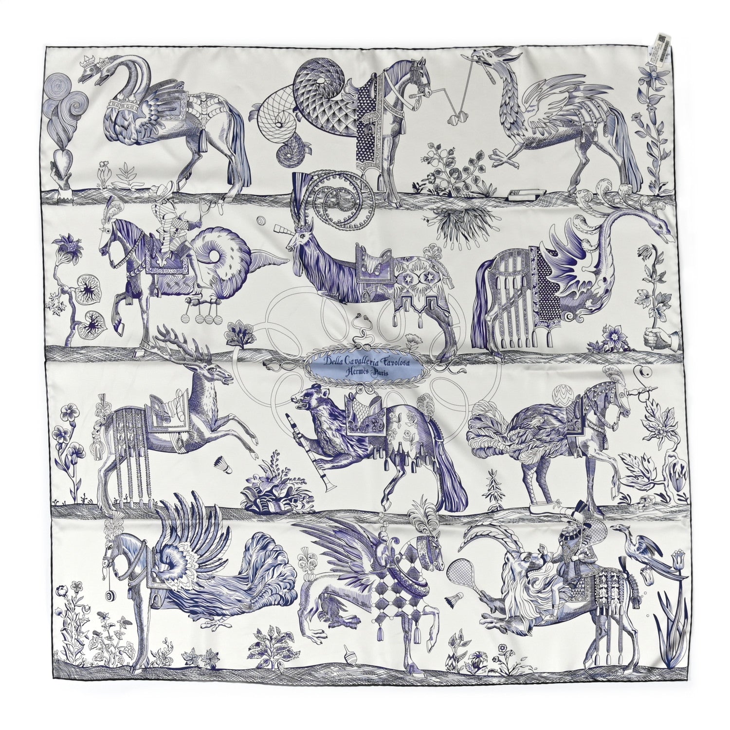 Hermes Silk Della Cavalleria Favolosa Reversible Scarf 90 Blanc Rouge Marine 2 of 9