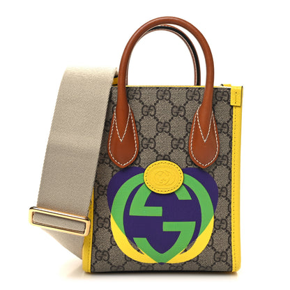 Gucci GG Supreme Monogram Textured Dollar Calfskin Heart Interlocking G Mini Vertical Tote Beige Ebony Harness Brown Yellow 1 of 9
