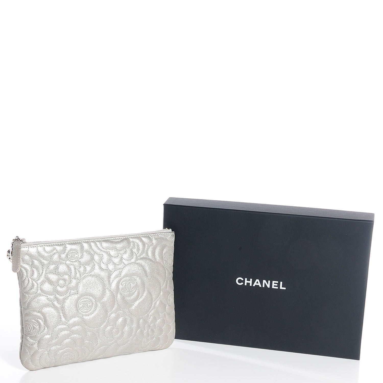 Chanel Goatskin Camellia Stitched Medium Cosmetic Case Silver 5 of 9