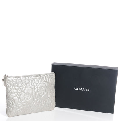 Chanel Goatskin Camellia Stitched Medium Cosmetic Case Silver 5 of 9