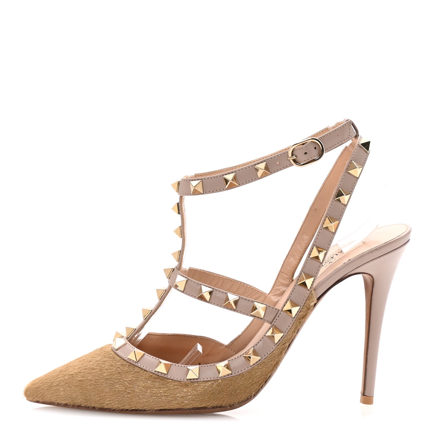 Valentino Garavani Pony Hair Rockstud Ankle Strap Pumps 39 Gold 1 of 9
