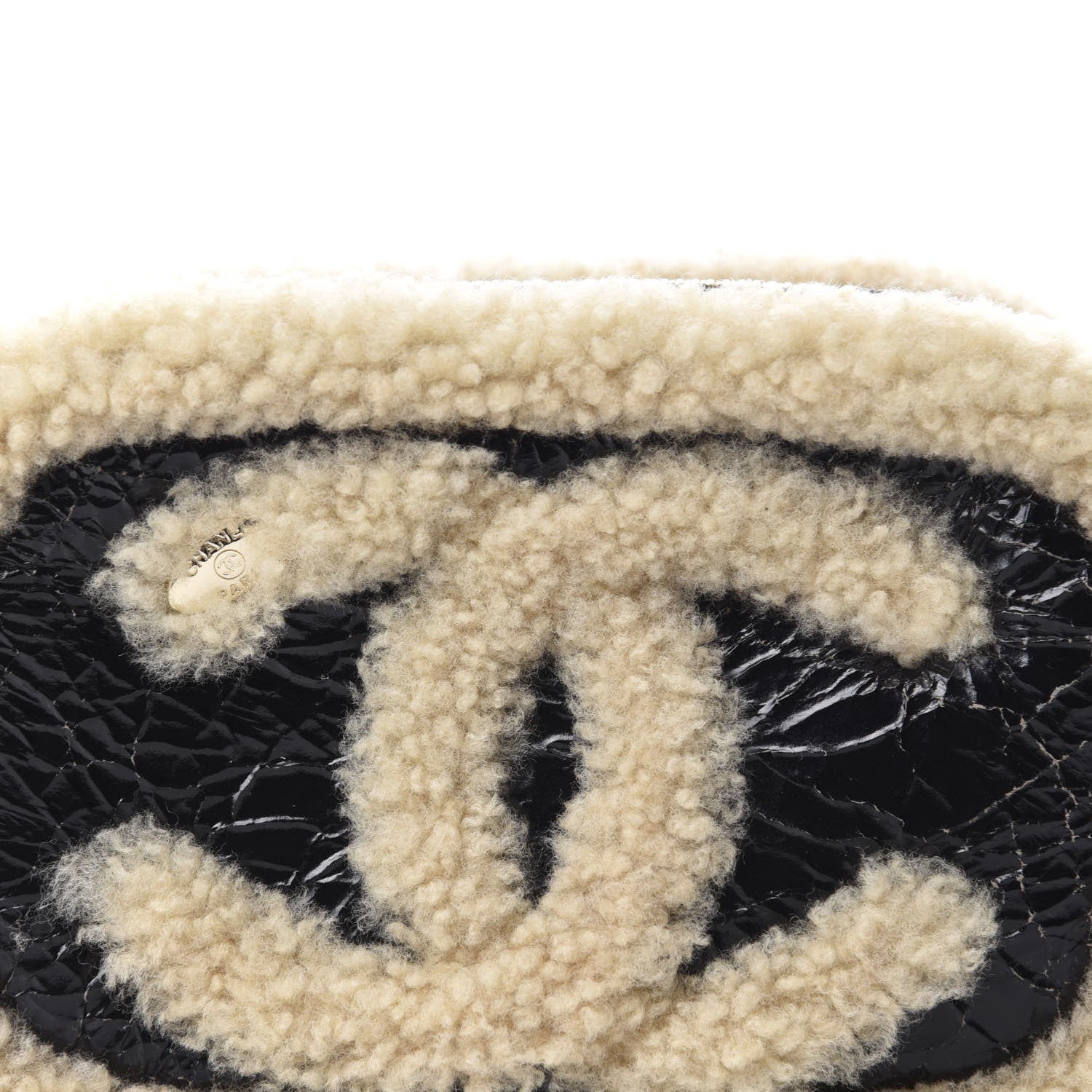 Chanel Shiny Crumpled Sheepskin Shearling Waist Bag Black Beige 10 of 11
