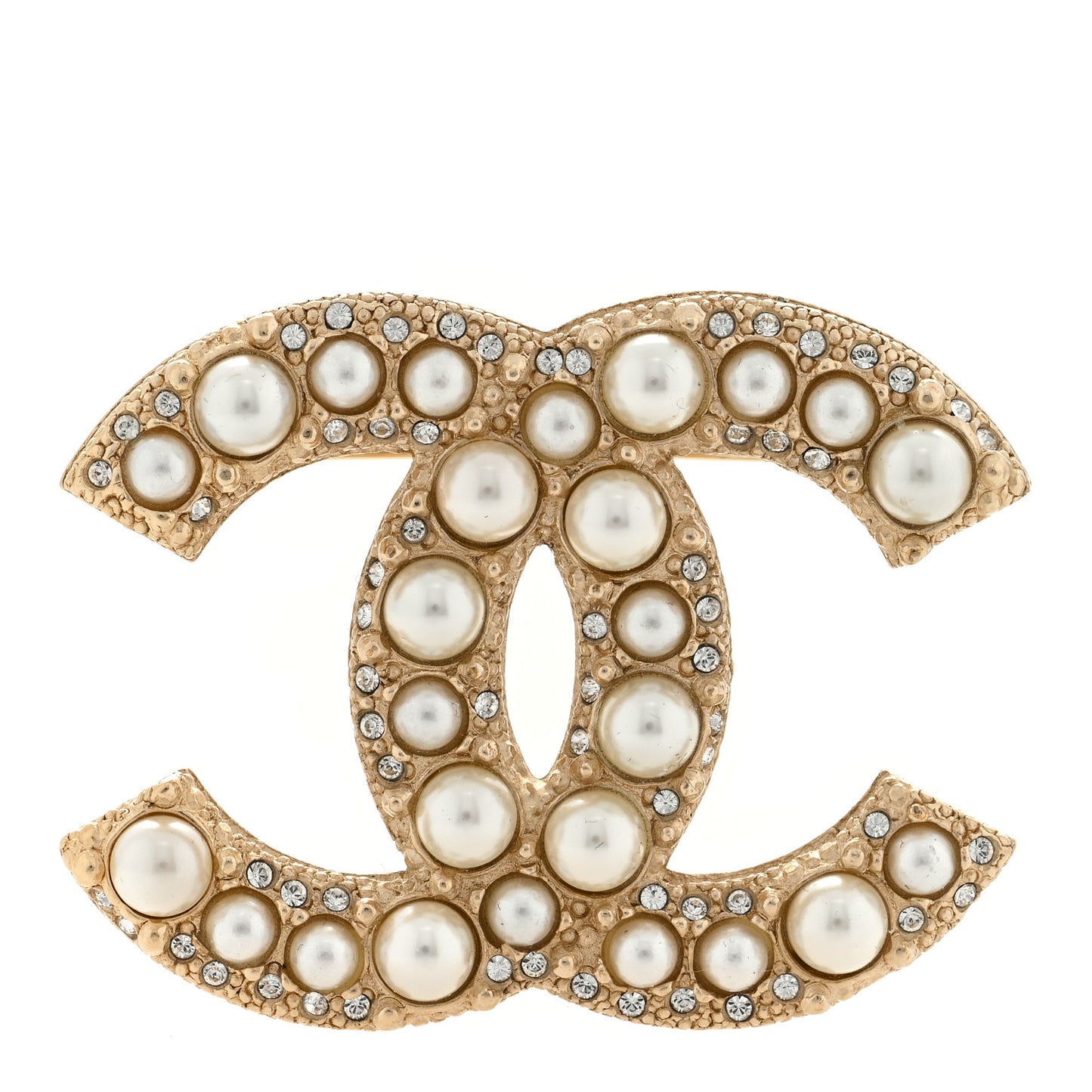 Metal Crystal Graduated Pearl CC Brooch Gold