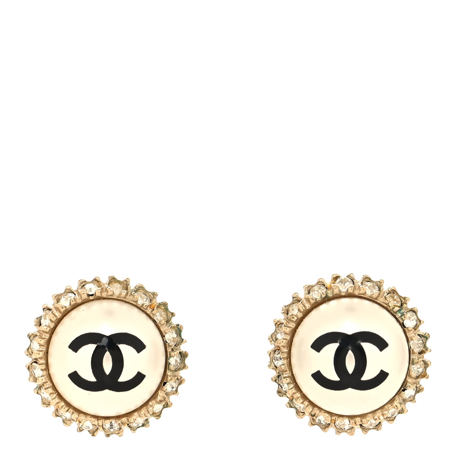 Chanel Crystal Pearl CC Round Earrings Gold Pearly White Black 1 of 4