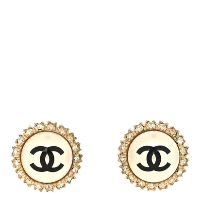 Chanel Crystal Pearl CC Round Earrings Gold Pearly White Black 1 of 4