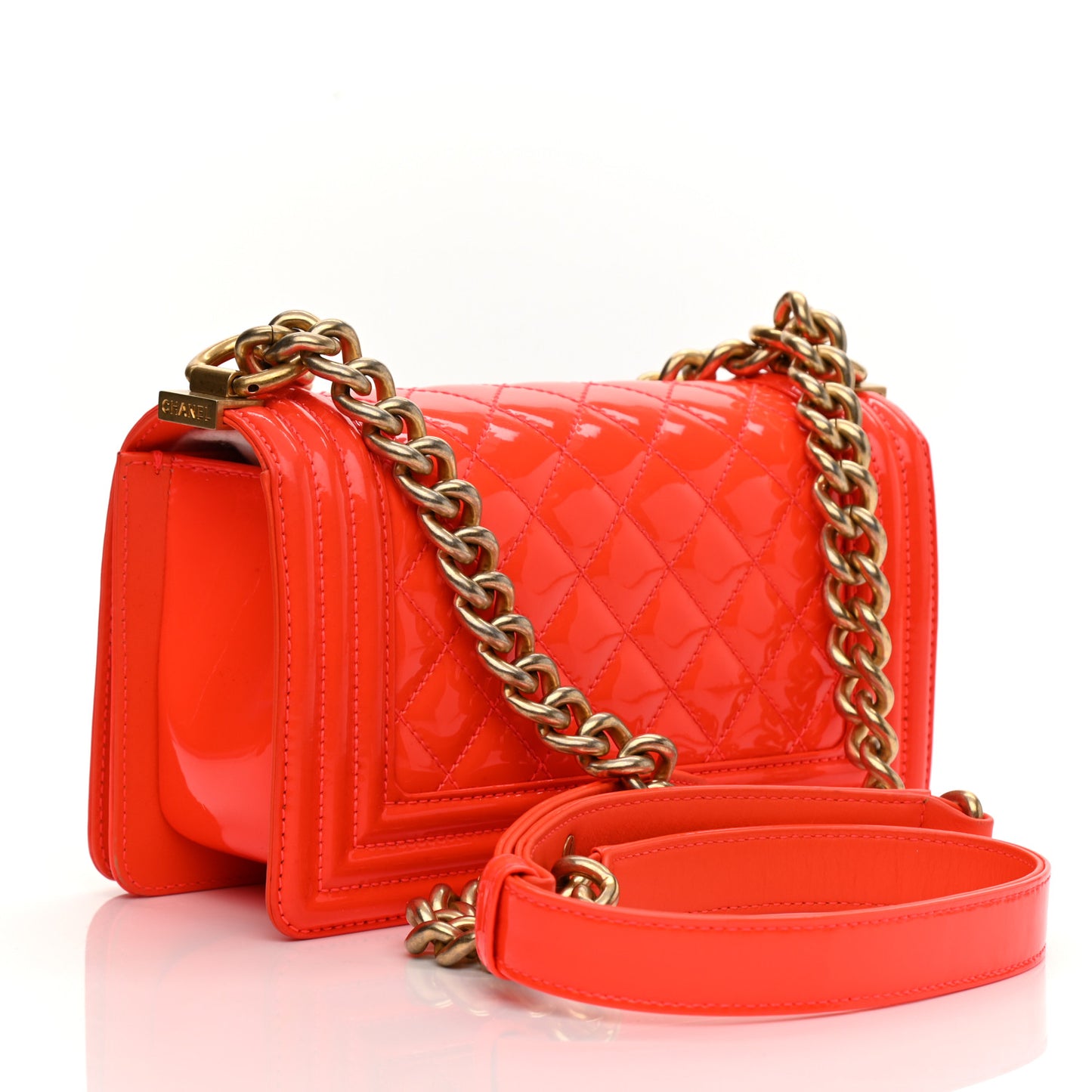 Patent Calfskin Quilted Small Boy Flap Orange