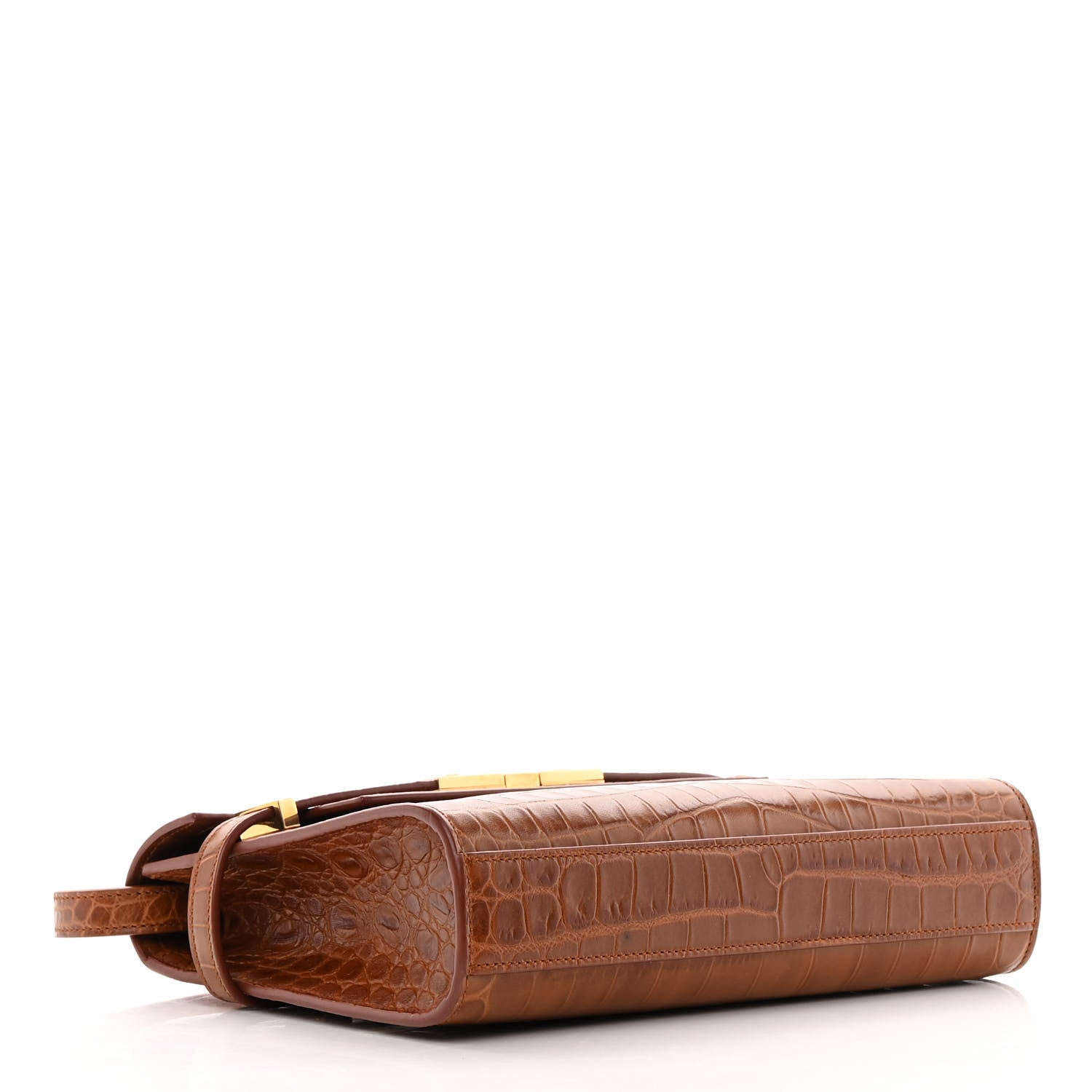 Saint Laurent Shiny Calfskin Crocodile Embossed Small Manhattan Baguette Dark Caramel 4 of 13